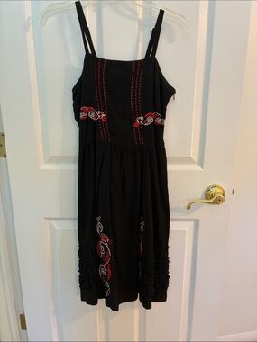 Black Midi adjustable -Strap Dress with Red and white Embroidery